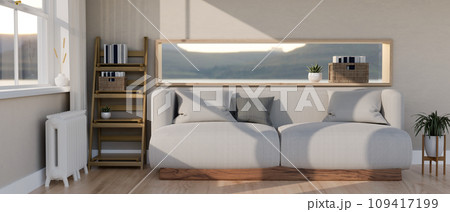 A modern and luxury apartment living room with a cosy couch, a long glass window, and home decor. A modern and luxury apartment living room with a cosy couch, a long glass window, and home decor. 109417199