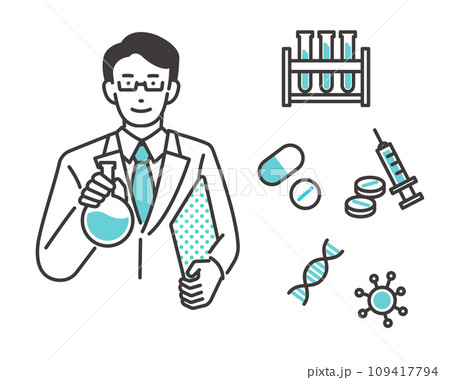 科学や医療アイコンと男性の科学者のアイコンのベクターイラスト素材 109417794