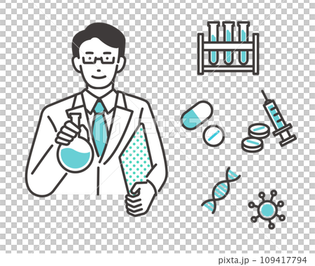 科学や医療アイコンと男性の科学者のアイコンのベクターイラスト素材 109417794