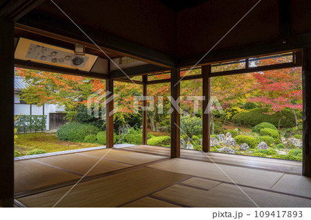 秋の京都・源光庵　書院前に広がる紅葉が美しい鶴亀の庭 109417893