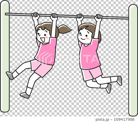 Smiling girls hanging from a horizontal bar 109417986