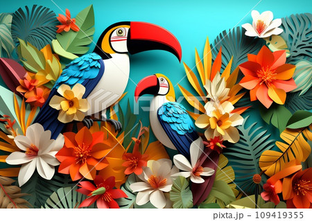 南国のカラフルな鳥と花 109419355