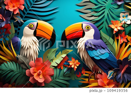 南国のカラフルな鳥と花のイラスト素材 [109419356] - PIXTA