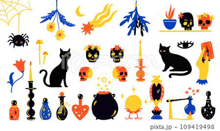 Magic and witchcraft illustration set, cute skulls, black cat, love potions and elixir. Fortune telling crystal ball and hand holding tarot cards. Esoteric design elements collection, stickers Magic and witchcraft illustration set, cute skulls, black cat, love potions and elixir. Fortune telling crystal ball and hand holding tarot cards. Esoteric design elements collection, stickers 109419498