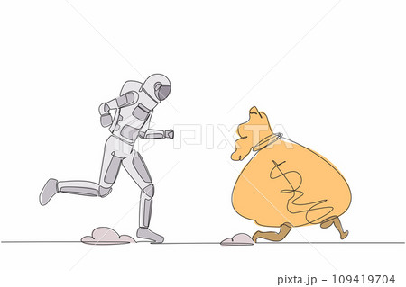 Continuous one line drawing astronaut chasing money bag dollar in moon surface. Trying to achieve spaceship funding in startup industry. Cosmonaut outer space. Single line design vector illustration Continuous one line drawing astronaut chasing money bag dollar in moon surface. Trying to achieve spaceship funding in startup industry. Cosmonaut outer space. Single line design vector illustration 109419704