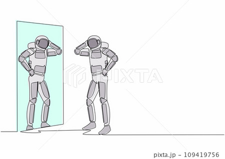 Single one line drawing young astronaut standing with style in front of mirror. Spaceman ready to start galactic journey. Cosmic galaxy space. Continuous line draw graphic design vector illustration 109419756