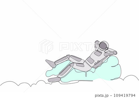 Single continuous line drawing of young astronaut relaxing laying on clouds after wormhole exploration. Future technology development. Cosmonaut deep space. One line graphic design vector illustration Single continuous line drawing of young astronaut relaxing laying on clouds after wormhole exploration. Future technology development. Cosmonaut deep space. One line graphic design vector illustration 109419794