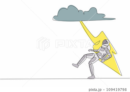 Single continuous line drawing young astronaut struck by lightning from dark cloud. Bad luck, misery, disaster in spacewalk discovery. Cosmonaut deep space. One line graphic design vector illustration Single continuous line drawing young astronaut struck by lightning from dark cloud. Bad luck, misery, disaster in spacewalk discovery. Cosmonaut deep space. One line graphic design vector illustration 109419798