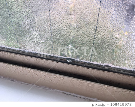 結露の水滴で曇った窓ガラスと窓枠 結露の水滴で曇った窓ガラスと窓枠 109419978