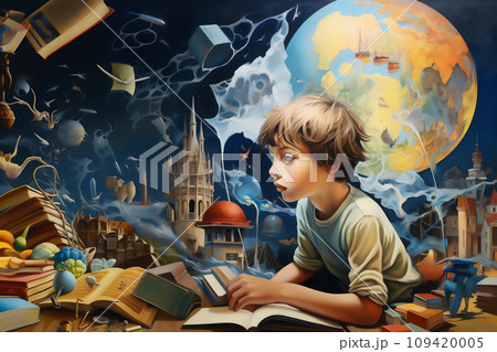 AI-generated content. Little boy reading fantasy book in front of a colorful mural. 109420005