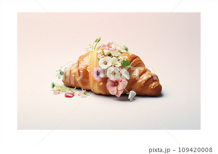 AI-generated content. Tasty croissant with beautiful flowers on pink background AI-generated content. Tasty croissant with beautiful flowers on pink background 109420008