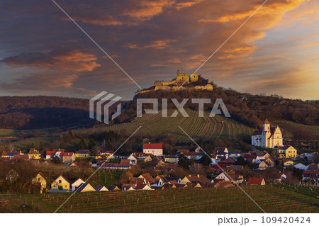 Falkenstein ruins and town with vineyard, Lower Austria, Austria 109420424