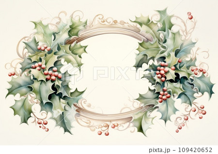 Charming watercolor illustration of a vintage Christmas wreath with muted, pastel-colored ornaments Charming watercolor illustration of a vintage Christmas wreath with muted, pastel-colored ornaments 109420652