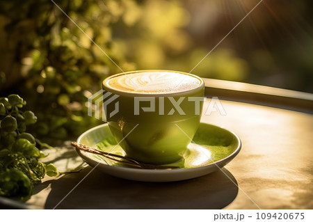 Matcha latte green milk foam cup on wood table at cafe. Golden hour. Trendy powered tea Matcha latte green milk foam cup on wood table at cafe. Golden hour. Trendy powered tea 109420675