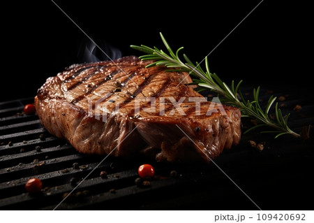Delicious steak on black background with herbs and spices Delicious steak on black background with herbs and spices 109420692