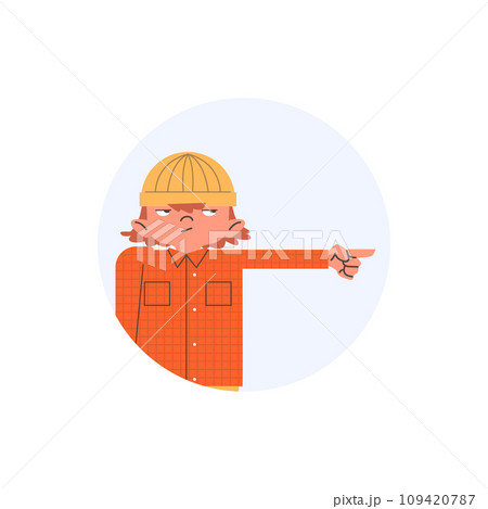 Round shape with dissatisfied child in yellow hat points finger Round shape with dissatisfied child in yellow hat points finger 109420787
