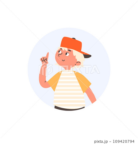 Child pointing finger up as if has an idea or solution, flat vector isolated. Child pointing finger up as if has an idea or solution, flat vector isolated. 109420794