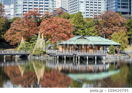 東京都　浜離宮恩賜庭園　中島の御茶屋　紅葉と潮入りの池 109420795