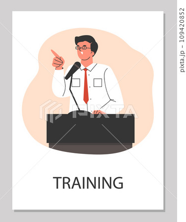 Poster or vertical banner with smiling man motivation speaker flat style Poster or vertical banner with smiling man motivation speaker flat style 109420852