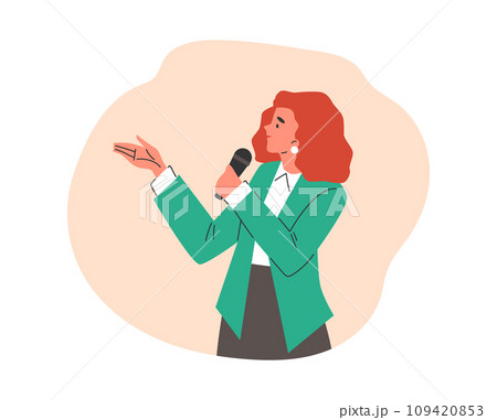 Smiling woman in green jacket speaking with microphone flat style Smiling woman in green jacket speaking with microphone flat style 109420853