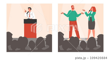 Speakers makes a speech, stands behind the podium in authority, vector illustrations set of public motivation conference 109420884
