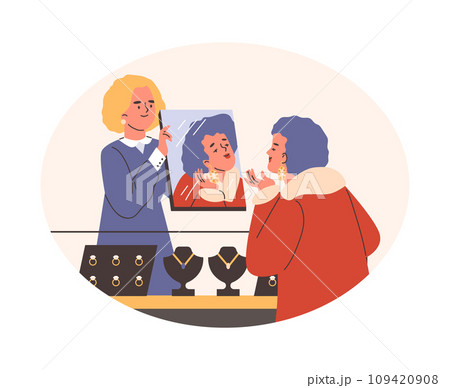 Woman in jewelry store trying on earrings flat vector illustration isolated. 109420908