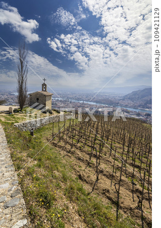 Grand cru vineyard and Chapel of Saint Christopher, Tain l'Hermitage, Rhone-Alpes, France 109421129