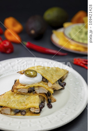quesadilla with chicken meat and beans and guacamole with nachos quesadilla with chicken meat and beans and guacamole with nachos 109421428