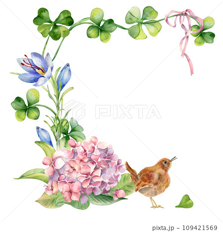 Frame with clover, flowers and bird watercolor illustration isolated on white. Painted shamrock and saffron. St.Patricks day card hand drawn. Design element for Irish, Easter, springtime holidays 109421569