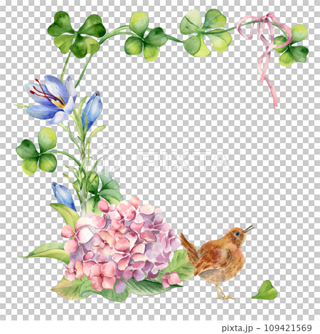 Frame with clover, flowers and bird watercolor illustration isolated on white. Painted shamrock and saffron. St.Patricks day card hand drawn. Design element for Irish, Easter, springtime holidays Frame with clover, flowers and bird watercolor illustration isolated on white. Painted shamrock and saffron. St.Patricks day card hand drawn. Design element for Irish, Easter, springtime holidays 109421569