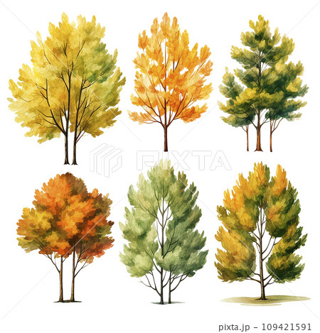 watercolor drawing. set of autumn yellow trees and bushes. forest, garden elements, seasons watercolor drawing. set of autumn yellow trees and bushes. forest, garden elements, seasons 109421591
