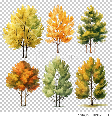 watercolor drawing. set of autumn yellow trees and bushes. forest, garden elements, seasons watercolor drawing. set of autumn yellow trees and bushes. forest, garden elements, seasons 109421591
