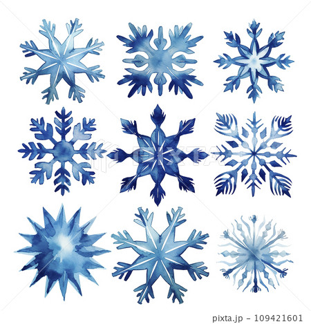set of blue snowflakes, watercolor drawing. cute winter decoration for new year, christmas. 109421601