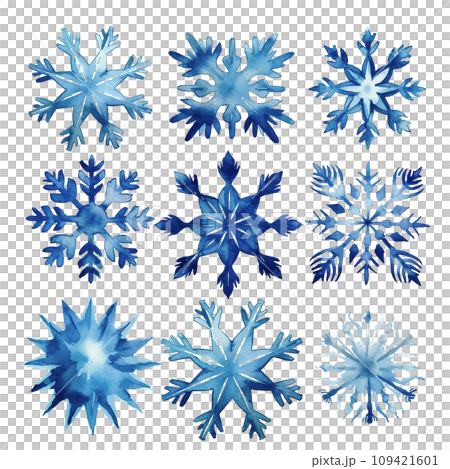 set of blue snowflakes, watercolor drawing. cute winter decoration for new year, christmas. 109421601