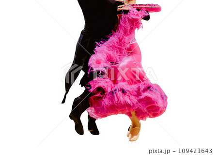 couple dancing foxtrot in ballroom dancesport, woman is wearing pink dress and man black tail suit, isolated on white background couple dancing foxtrot in ballroom dancesport, woman is wearing pink dress and man black tail suit, isolated on white background 109421643
