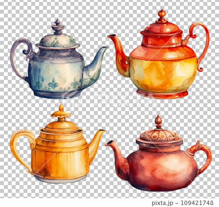 watercolor drawing set of teapots for the tea ceremony. traditional Chinese green tea. 109421748