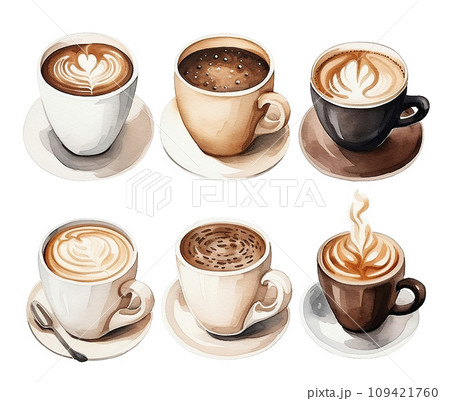 set of coffee cups. watercolor drawing with coffee, cappuccino, latte. drawing for cafe set of coffee cups. watercolor drawing with coffee, cappuccino, latte. drawing for cafe 109421760