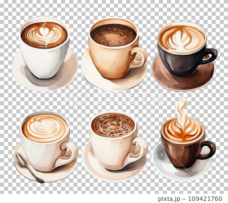 set of coffee cups. watercolor drawing with coffee, cappuccino, latte. drawing for cafe set of coffee cups. watercolor drawing with coffee, cappuccino, latte. drawing for cafe 109421760