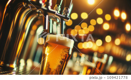 Golden Lager Beer Pouring from Tap into Glass Mug at Bustling Oktoberfest Celebration. Golden Lager Beer Pouring from Tap into Glass Mug at Bustling Oktoberfest Celebration. 109421778