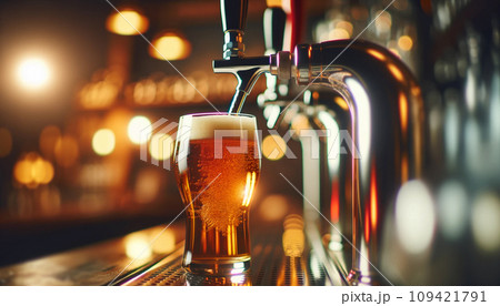 Draft Beer Pouring into Glass, Lively Bar Atmosphere. 109421791