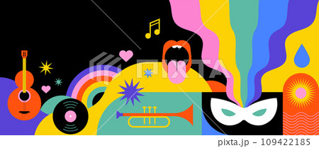 Happy Carnival, colorful geometric background with splashes, speech bubbles, masks and confetti Happy Carnival, colorful geometric background with splashes, speech bubbles, masks and confetti 109422185