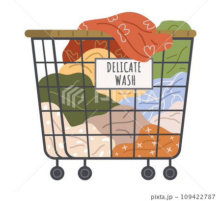 Dirty clothes, apparel heap in basket. Pile of delicate clothing, laundry vector illustration. Clothing and garment care, housekeeping concept. Basket with dirty textile, fabric or napkin for washing Dirty clothes, apparel heap in basket. Pile of delicate clothing, laundry vector illustration. Clothing and garment care, housekeeping concept. Basket with dirty textile, fabric or napkin for washing 109422787