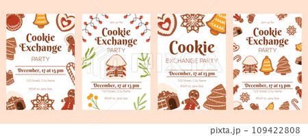 Christmas poster template with copy space, Invitation for Xmas party. Vertical flyer decorated with bell with red bow and ribbon, spruce plants branches, gift boxes, light garland 109422808