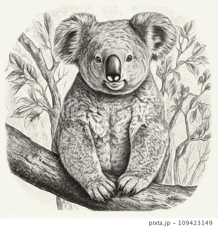Koala, Phascolarctos cinereus, australian marsupial eucalyptus bear, cute animal, black and white drawing, portrait, engraving style Koala, Phascolarctos cinereus, australian marsupial eucalyptus bear, cute animal, black and white drawing, portrait, engraving style 109423149