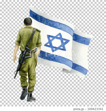 Israel IDF soldier with flag watercolor illustration isolated on white background illustration. Jewish Memorial day, Yom HaZikaron and haShoah Israel IDF soldier with flag watercolor illustration isolated on white background illustration. Jewish Memorial day, Yom HaZikaron and haShoah 109423341