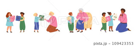 Set of children giving presents to parents, flat vector illustration isolated on white background. Set of children giving presents to parents, flat vector illustration isolated on white background. 109423353