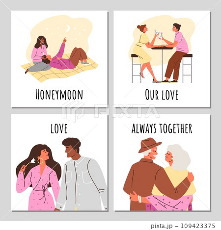 Diverse people in love, set of posters - flat vector illustration. Diverse people in love, set of posters - flat vector illustration. 109423375