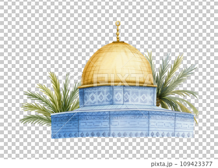 Mosque Dome of the Rock with palm trees in Jerusalem watercolor illustration Isolated on white background. Qubbat as Sakhra in Al Aqsa on Temple Mount in Israel 109423377