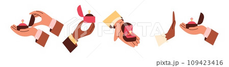 Set of hands holding boxes with engagement rings, flat vector illustration isolated on white background. 109423416