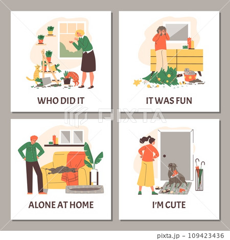 Set of squared banners about pet mess flat style, vector illustration Set of squared banners about pet mess flat style, vector illustration 109423436